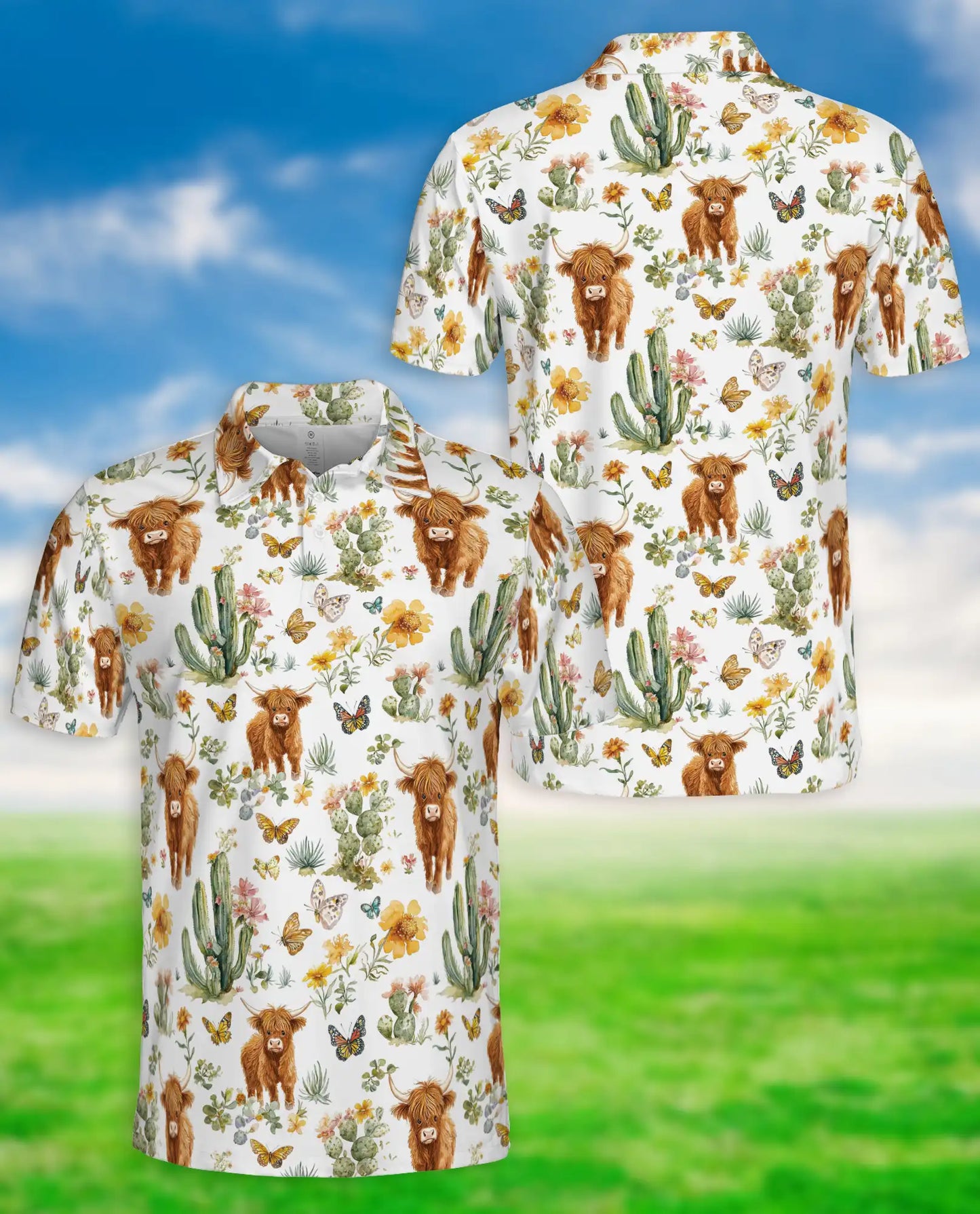 Highland Cow & Cactus 3D Polo Shirt for Men – Rustic Western Nature Print | Azhobbyshop