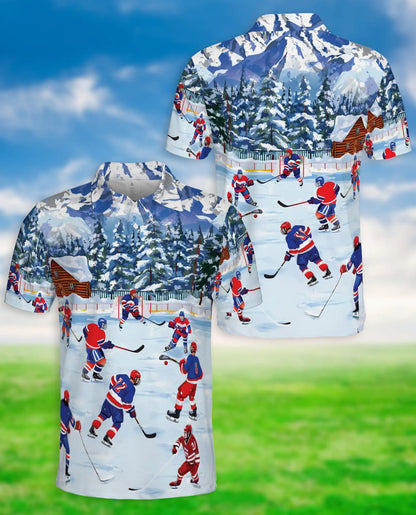 Winter Ice Hockey Polo Shirt – Snowy Outdoor Hockey Scene | Azhobbyshop