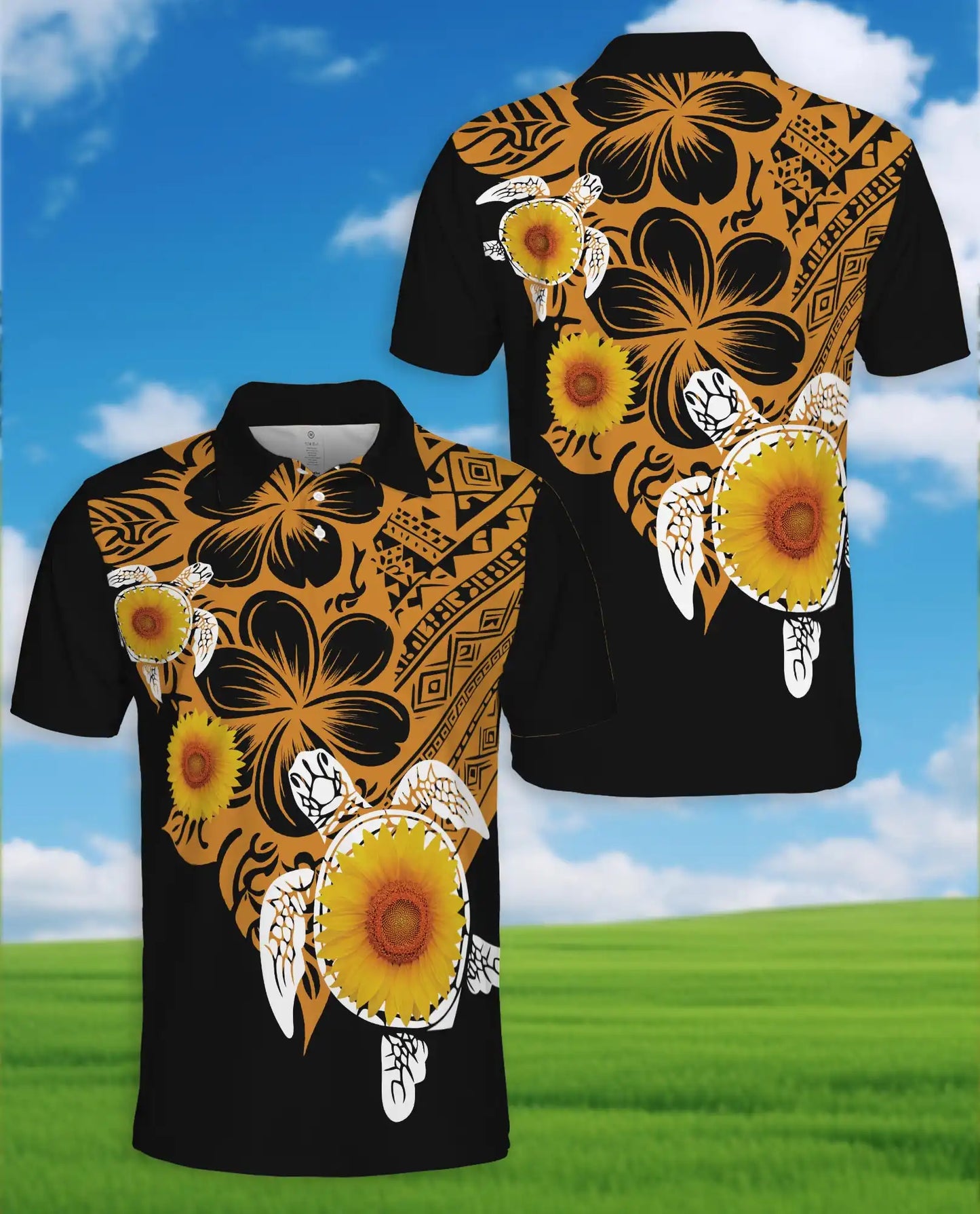 Sunflower Turtle Polynesian Polo Shirt – Tribal Hawaiian Floral Design | Azhobbyshop