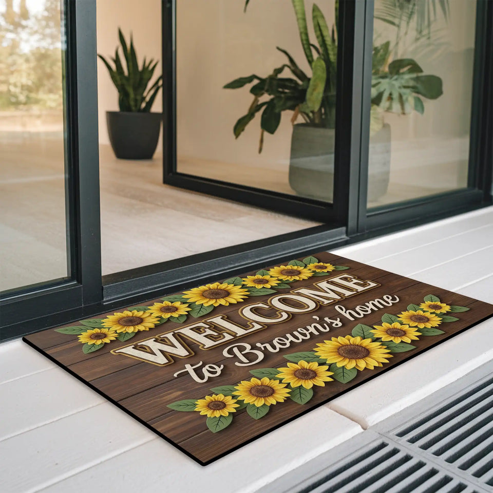 Personalized Sunflower Family Doormat – Custom Name Farmhouse Mat