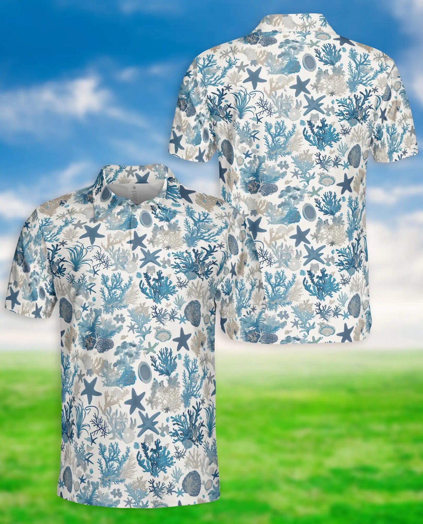 Ocean Coral Starfish 3D Polo Shirt for Men – Coastal Sea Life Hawaiian Style | Azhobbyshop