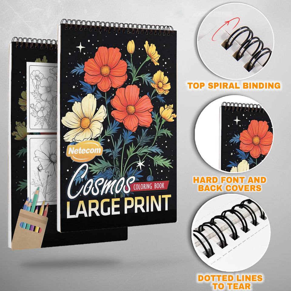 Large Print Cosmos Spiral Bound Coloring Book, Stunning Cosmos Flowers in Large Print, Perfect for a Simple and Soothing Botanical Coloring Session