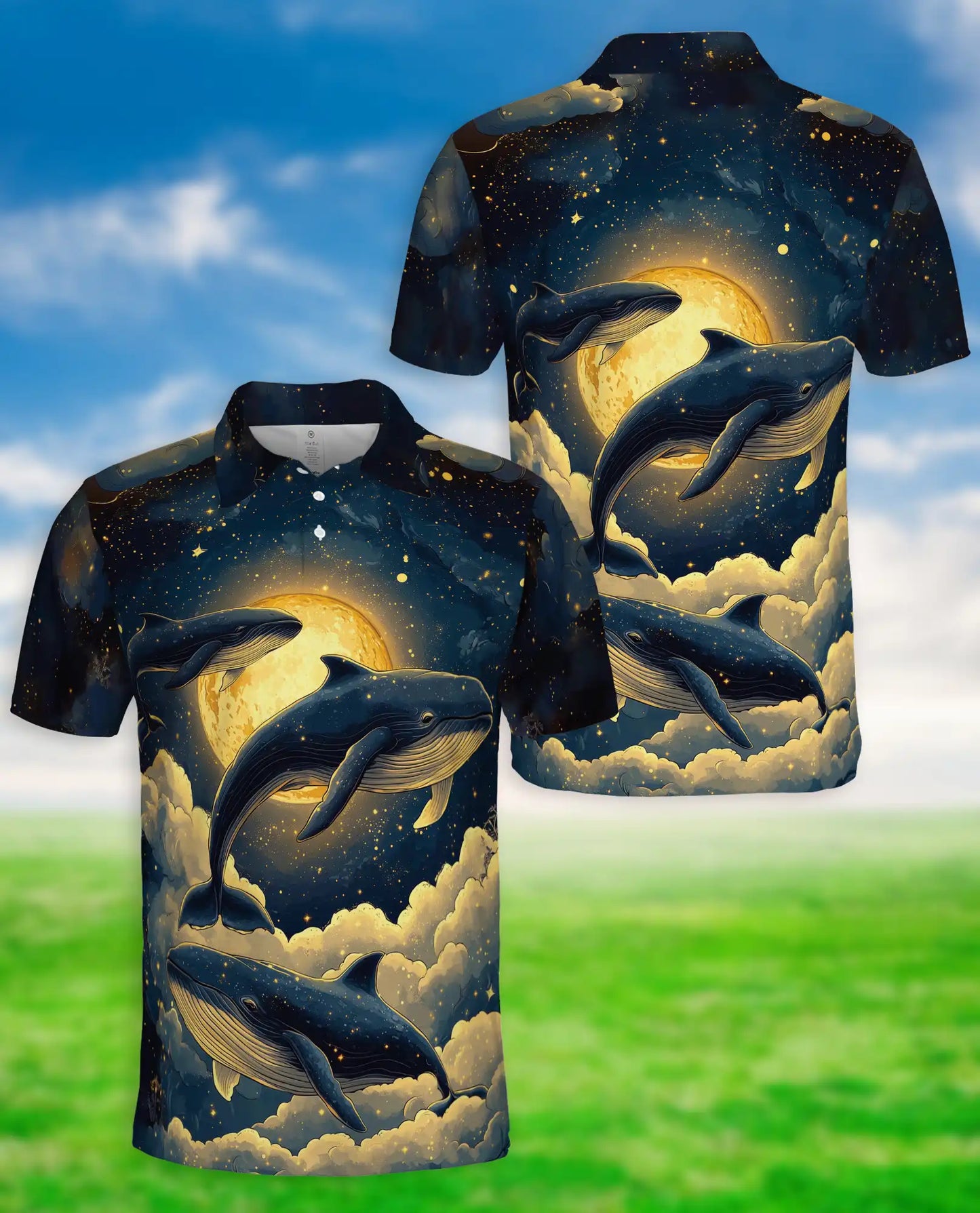 Whale Midnight 3D Polo Shirt for Men – Moonlit Ocean & Starry Sky Print | Azhobbyshop