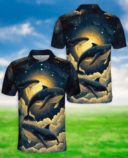 Whale Midnight 3D Polo Shirt for Men – Moonlit Ocean & Starry Sky Print | Azhobbyshop