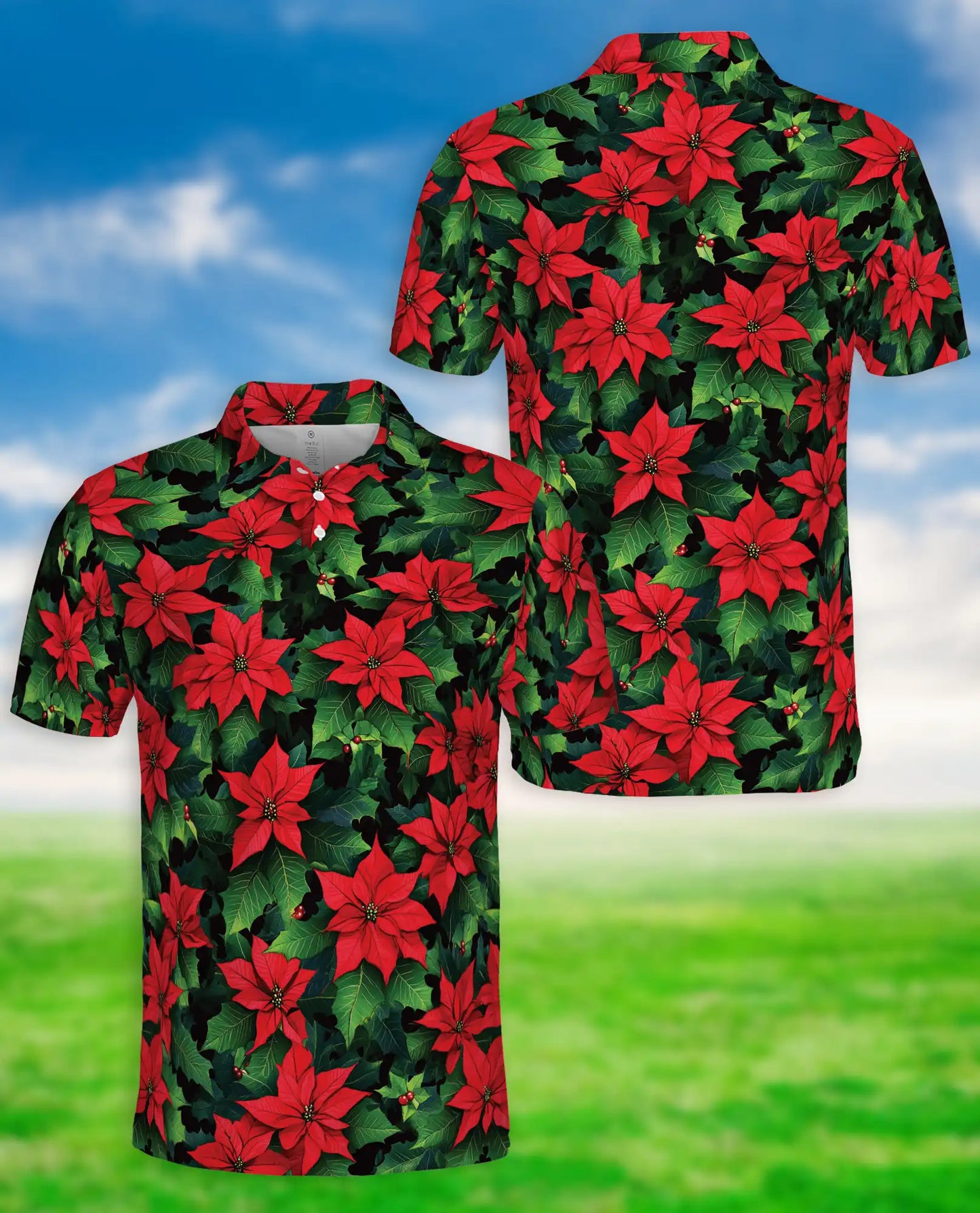 Poinsettia Floral Polo Shirt – Red Green Holiday Flower Print | Azhobbyshop