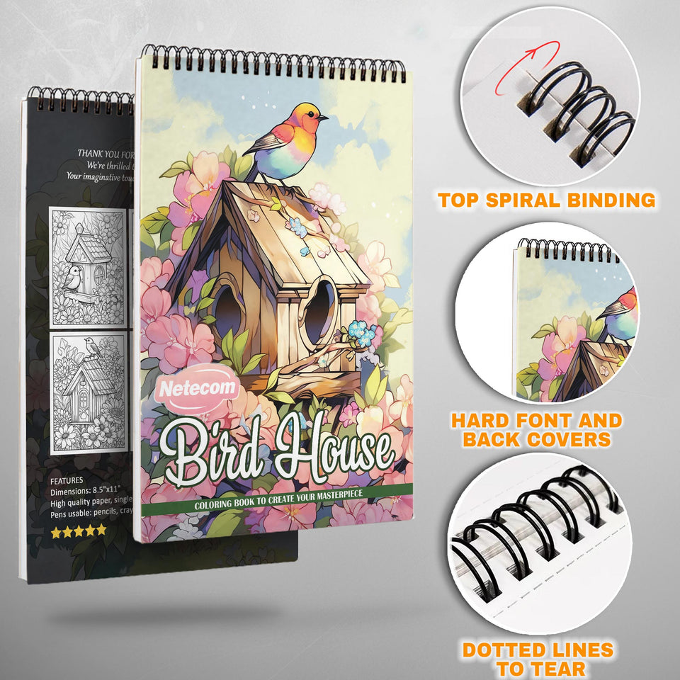 Birdhouse Spiral Bound Coloring Book, Charming Birdhouses for a Peaceful and Artistic Experience, Perfect for Bird Watchers and Nature Lovers