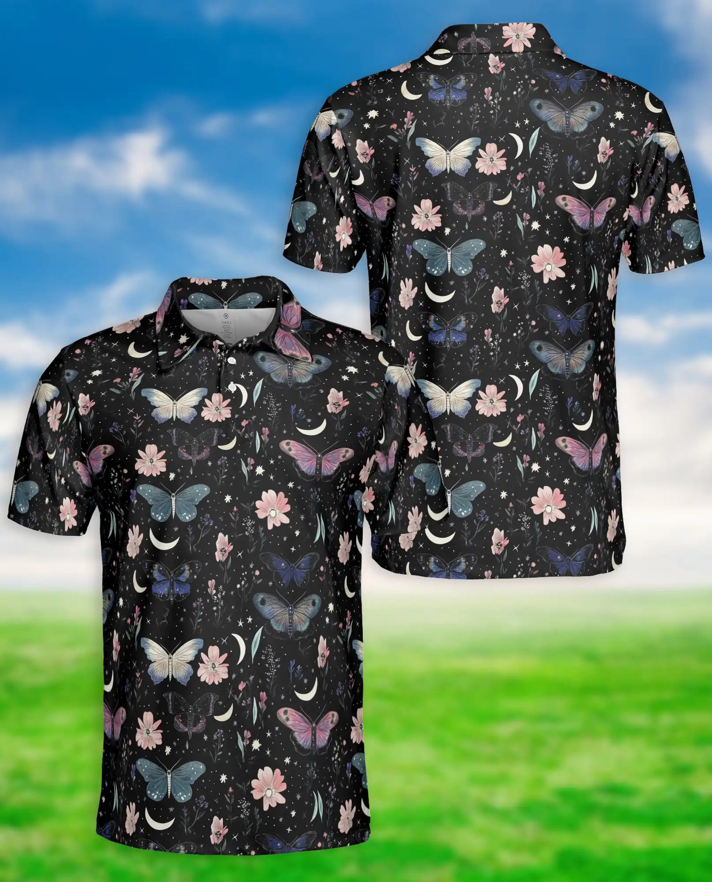 Butterfly Night Sky 3D Polo Shirt for Men – Floral Moon Aesthetic Design | Azhobbyshop