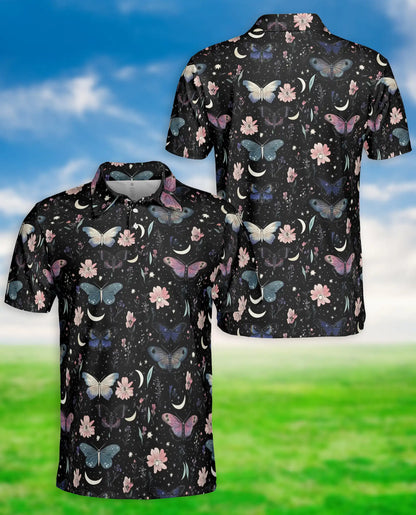 Butterfly Night Sky 3D Polo Shirt for Men – Floral Moon Aesthetic Design | Azhobbyshop