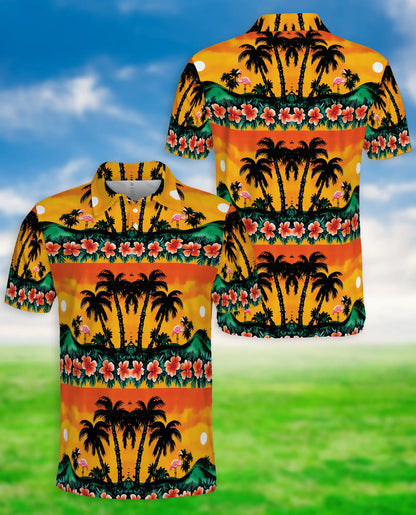 Tropical Sunset Flamingo 3D Polo Shirt for Men – Palm Tree Island Print | Azhobbyshop
