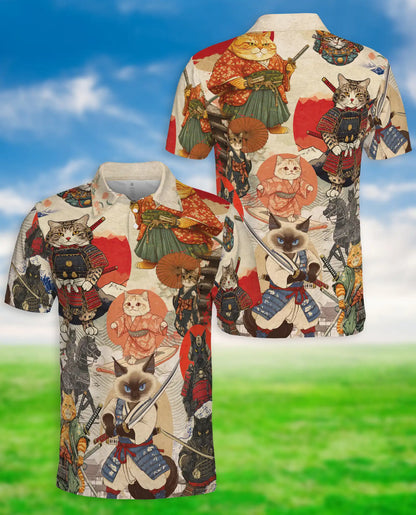 Japanese Samurai Cat 3D Polo Shirt for Men – Vintage Warrior Art Style | Azhobbyshop