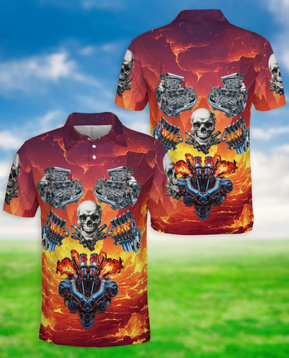 Skull Engine 3D Polo Shirt for Men – Biker Hot Rod Flame Style | Azhobbyshop
