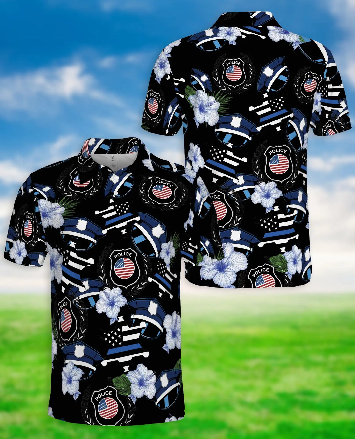 Police Badge Hawaiian Polo Shirt – Thin Blue Line American Flag Shirt | Azhobbyshop