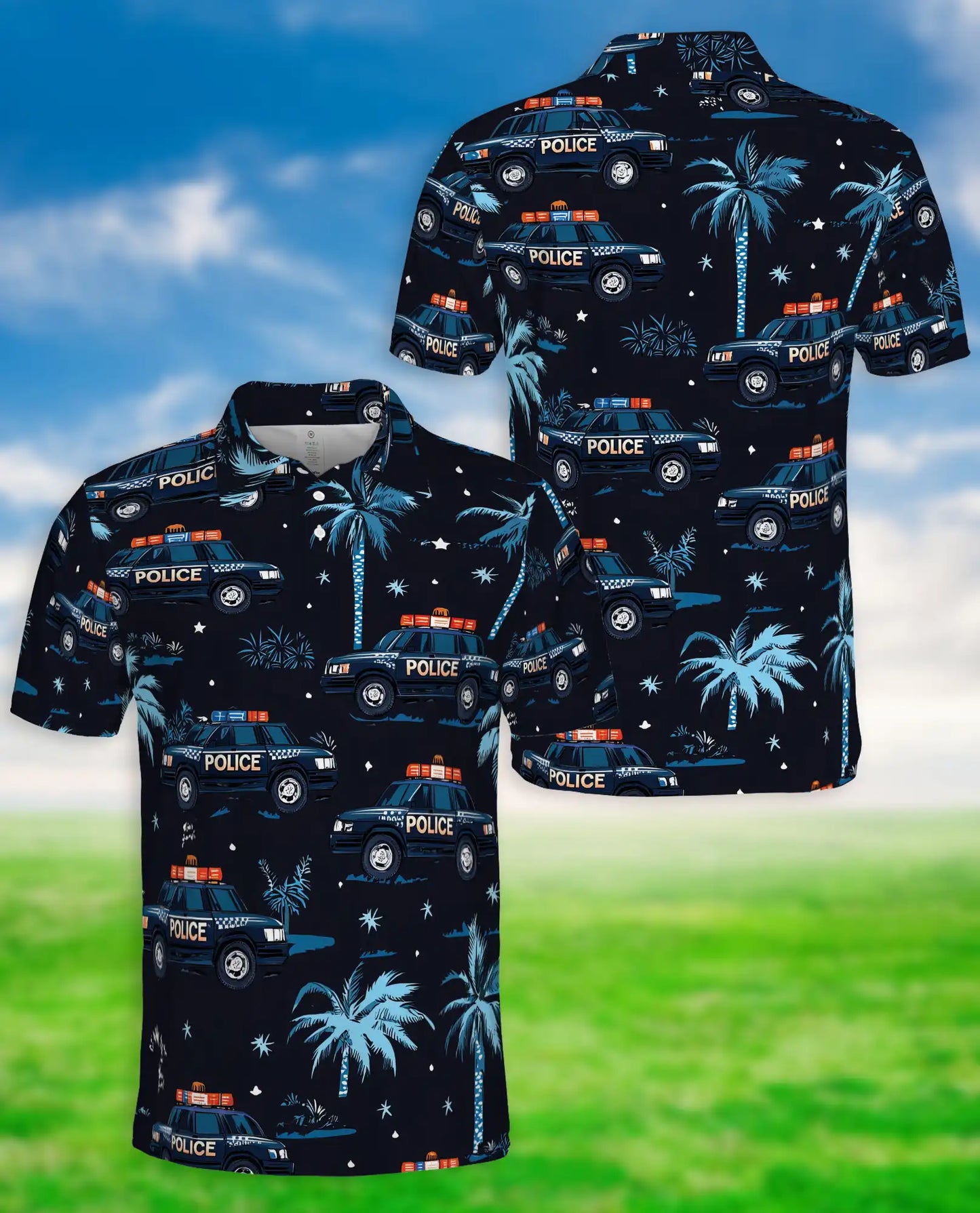 Police Car Polo Shirt – Tropical Night Patrol 3D Graphic | Azhobbyshop