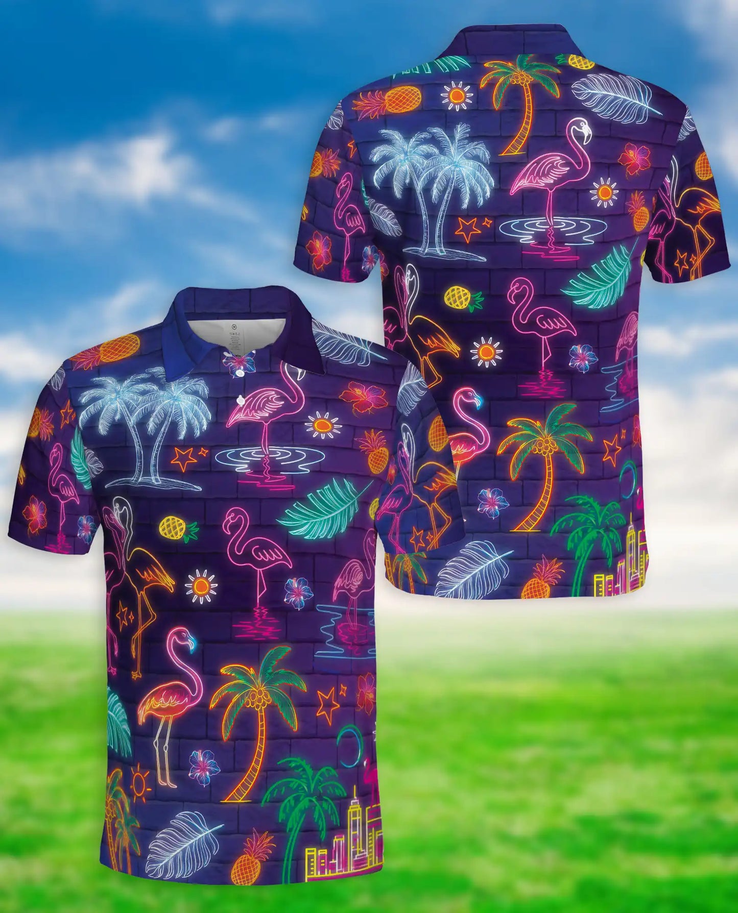 Neon Flamingo 3D Polo Shirt for Men – Tropical Night Glow Print | Azhobbyshop