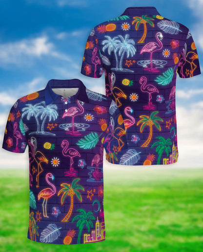 Neon Flamingo 3D Polo Shirt for Men – Tropical Night Glow Print | Azhobbyshop