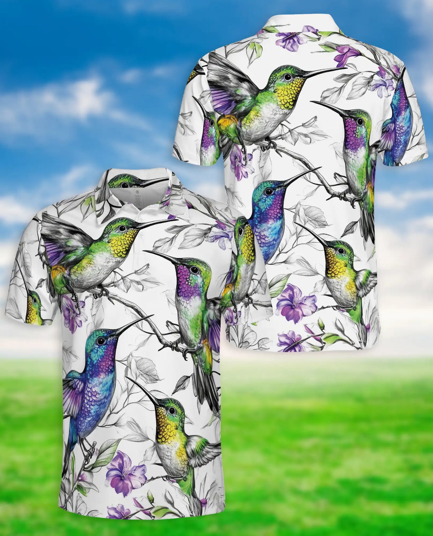 Hummingbird 3D Polo Shirt for Men – Colorful Bird Floral Art Style | Azhobbyshop