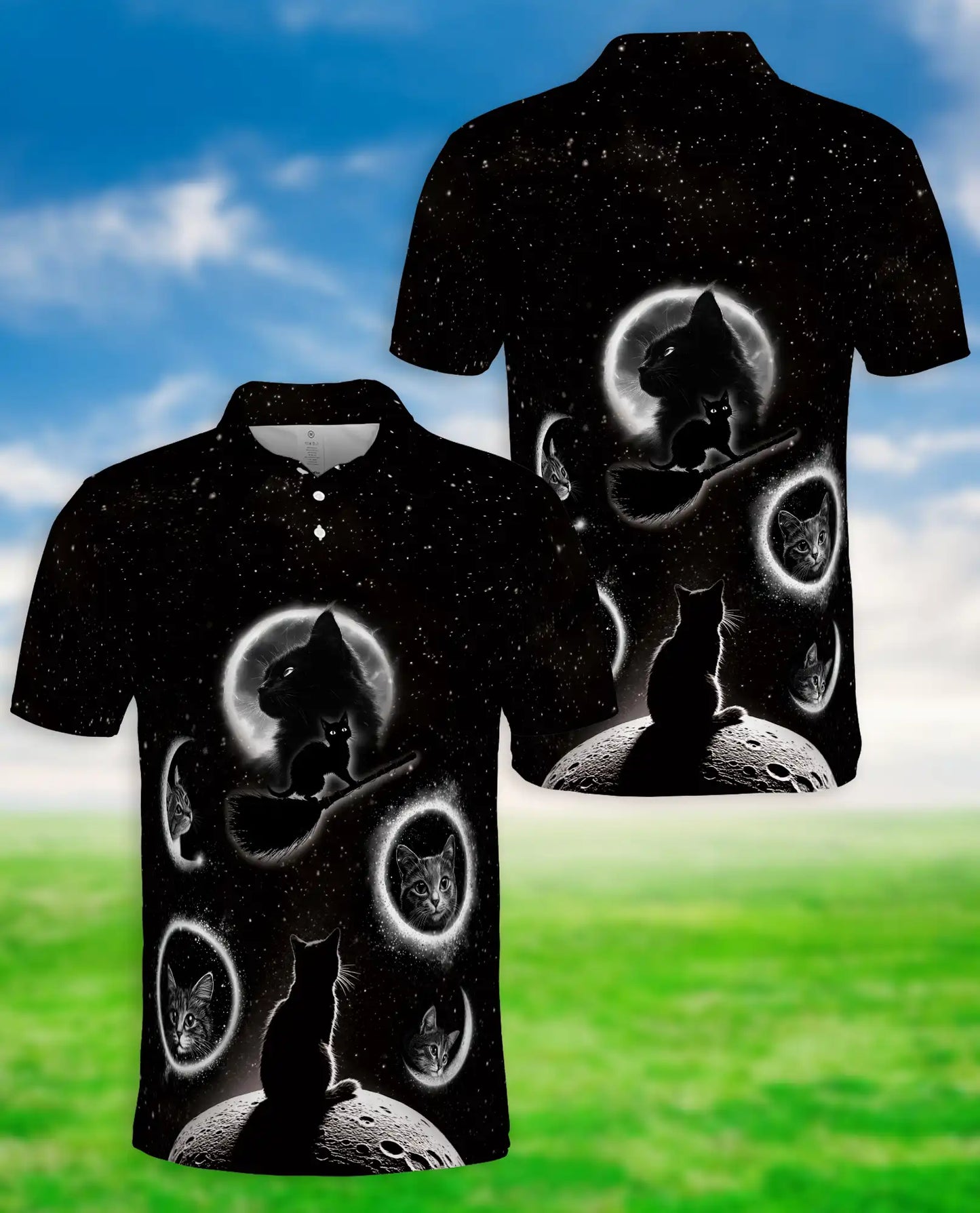 Black Cat Moon Galaxy Polo Shirt | Azhobbyshop