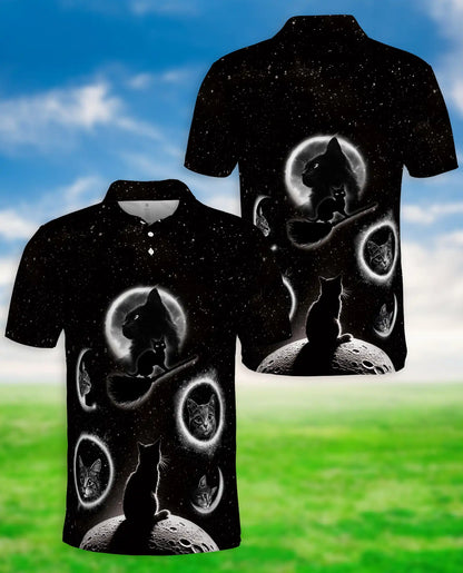 Black Cat Moon Galaxy Polo Shirt | Azhobbyshop