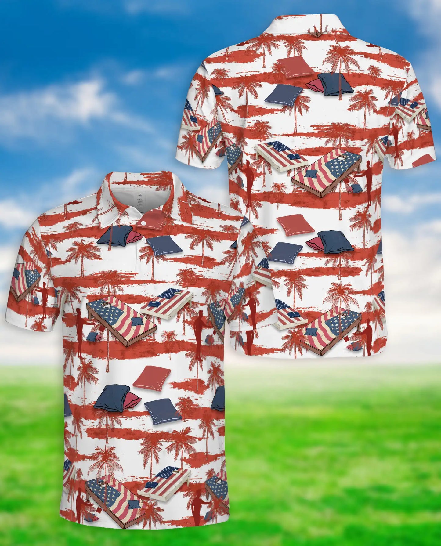 American Flag Cornhole Polo Shirt – Patriotic Beach Game Print | Azhobbyshop