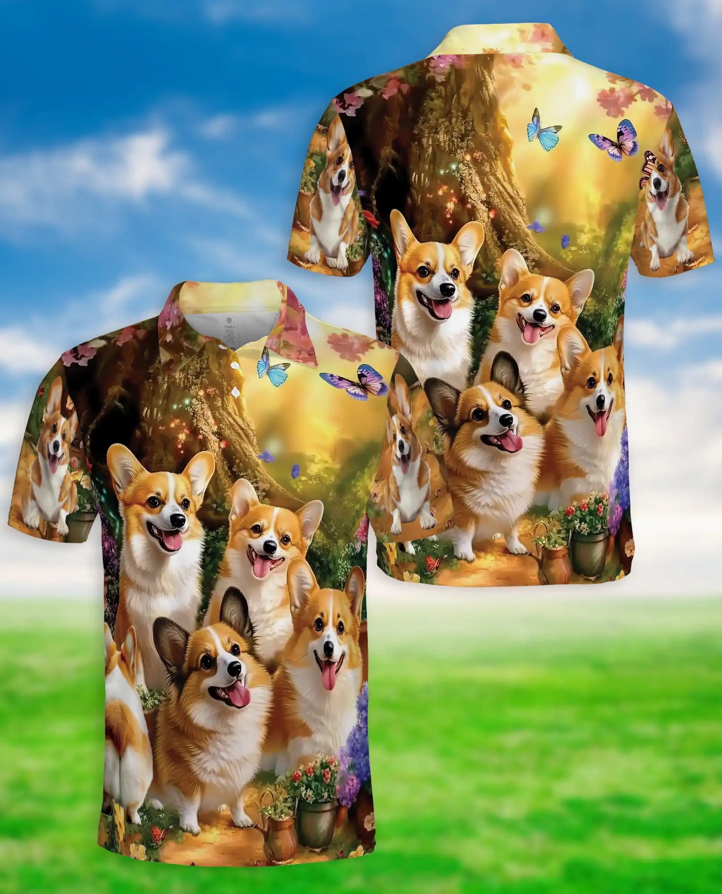 Corgi Dog 3D Polo Shirt for Men – Cute Puppy Garden Style | Azhobbyshop