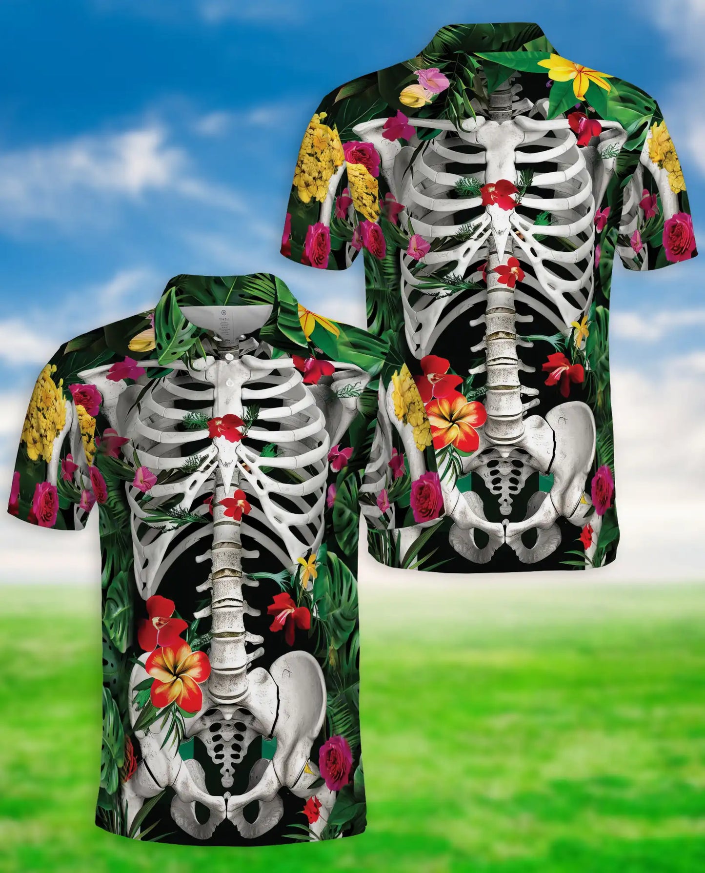Skeleton Flowers Polo Shirt – Floral Skull Anatomy 3D Graphic | Azhobbyshop