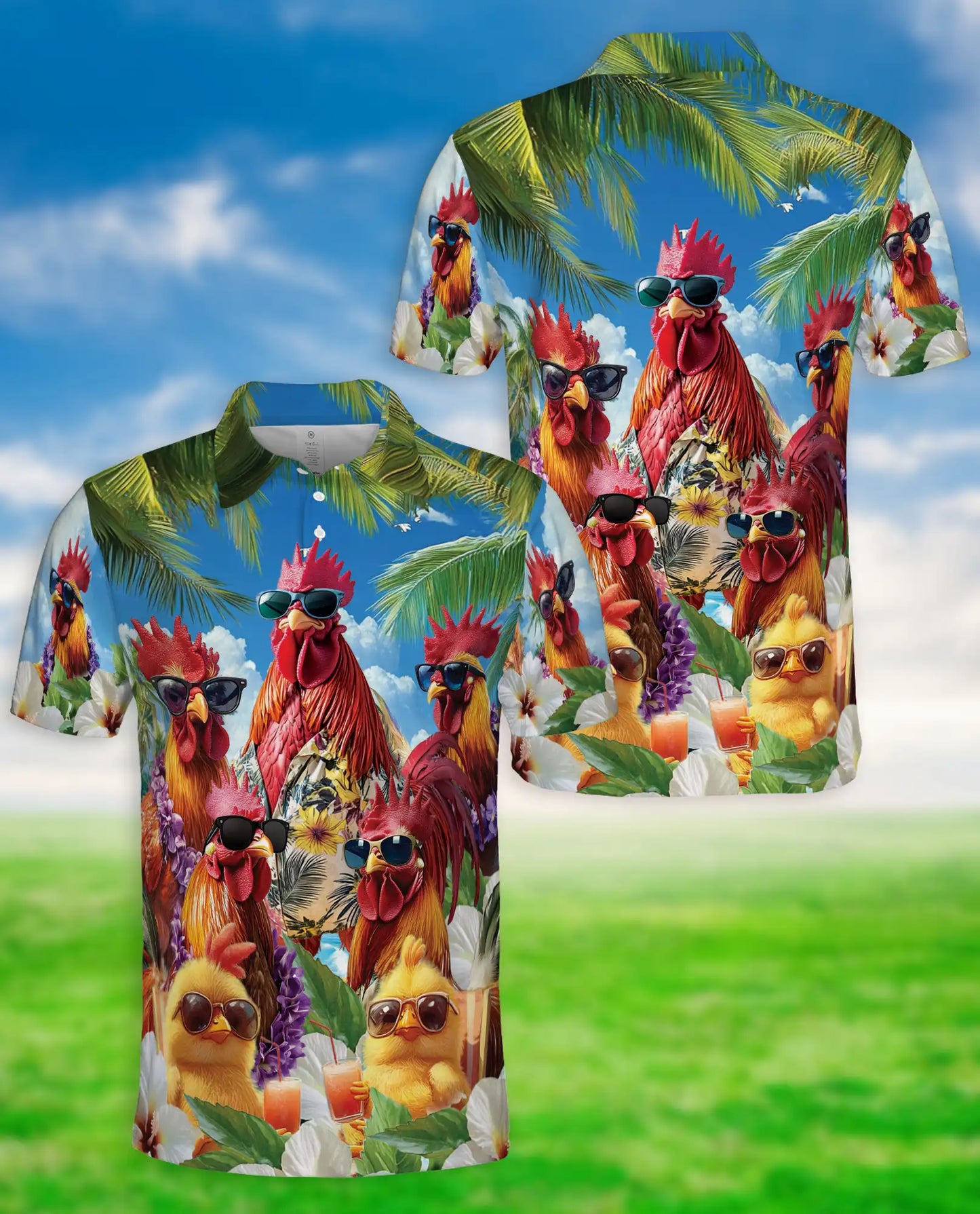 Funny Rooster 3D Polo Shirt – Tropical Hawaiian Style | Azhobbyshop