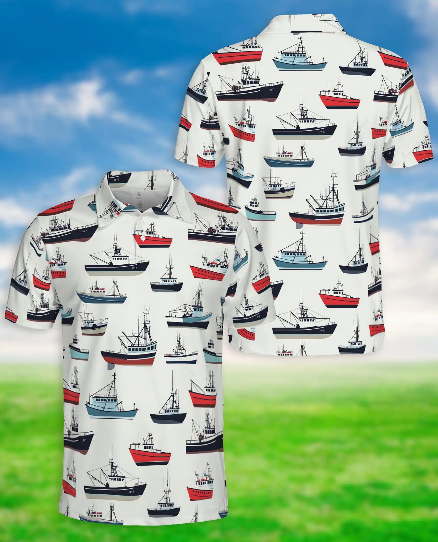 Fishing Boat 3D Polo Shirt for Men – Nautical Ocean Coastal Style | Azhobbyshop
