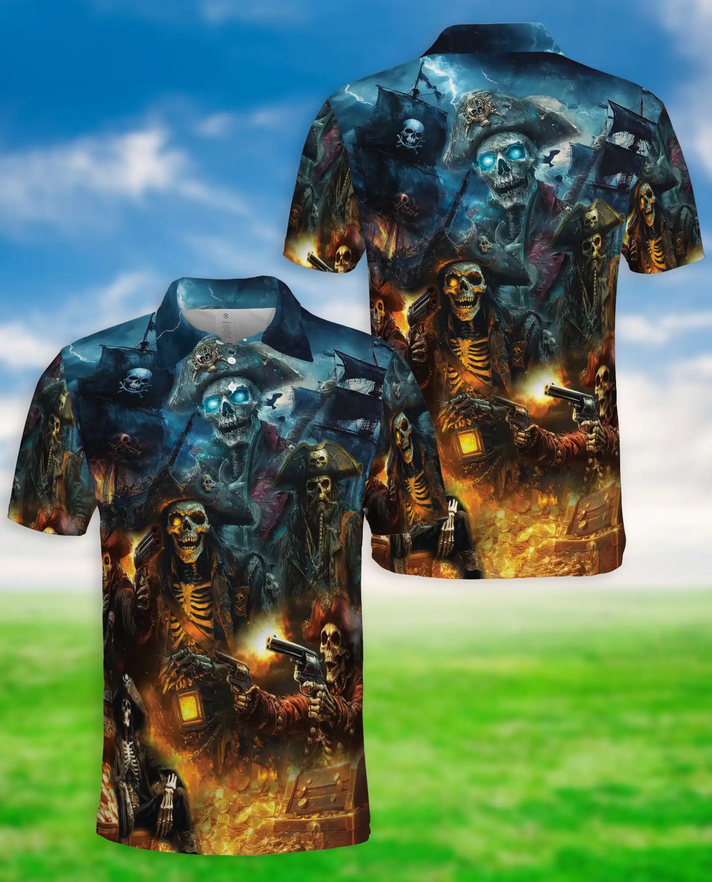 Pirate Skull 3D Polo Shirt for Men – Dark Gothic Skeleton Style | Azhobbyshop