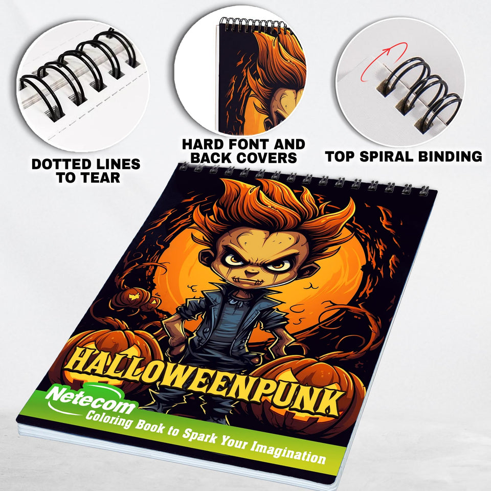 Halloweenpunk Spiral Bound Coloring Book, Immerse Yourself in 30 Coloring Pages, Fusing the Spookiness of Halloween with Punk Attitude