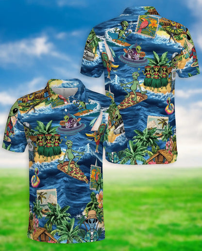 Funny Alien Hawaiian Polo Shirt- Tropical Beach Vacation Style | Azhobbyshop