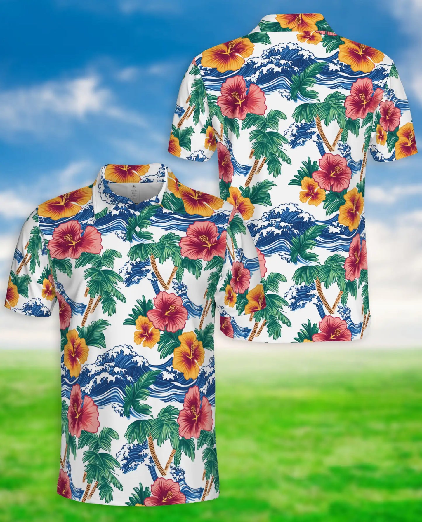 Awesome Tropical Hibiscus Polo Shirt – Ocean Waves & Palm Tree Summer Style | Azhobbyshop
