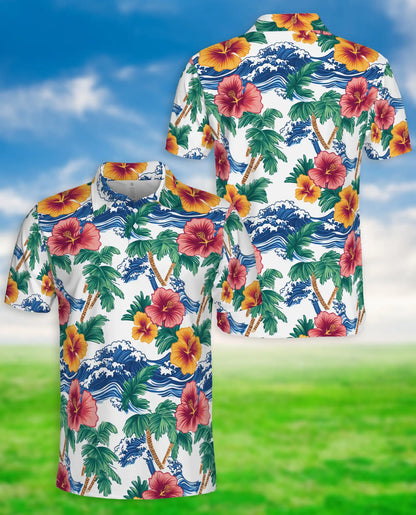 Awesome Tropical Hibiscus Polo Shirt – Ocean Waves & Palm Tree Summer Style | Azhobbyshop