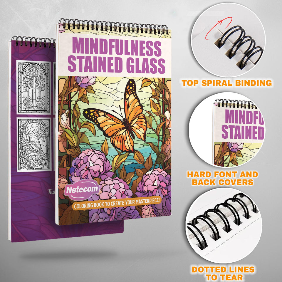 Mindfulness Stained Glass Spiral Bound Coloring Book, Intricate Stained Glass Designs for Mindful Coloring, Ideal for Art Lovers Seeking a Meditative Challenge