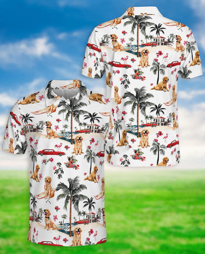 Golden Retriever Hawaiian 3D Polo Shirt for Men – Tropical Dog Beach Style | Azhobbyshop