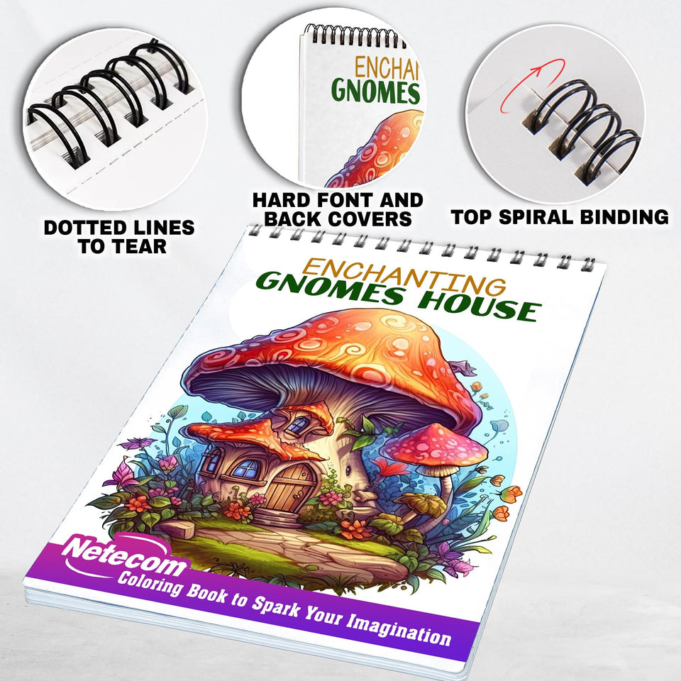 Enchanting Gnomes House Spiral Bound Coloring Book, Delve into 30 Intricate Coloring Pages, Unveiling the Playful Gnomes and their Lively Interactions in and around their Charming Houses