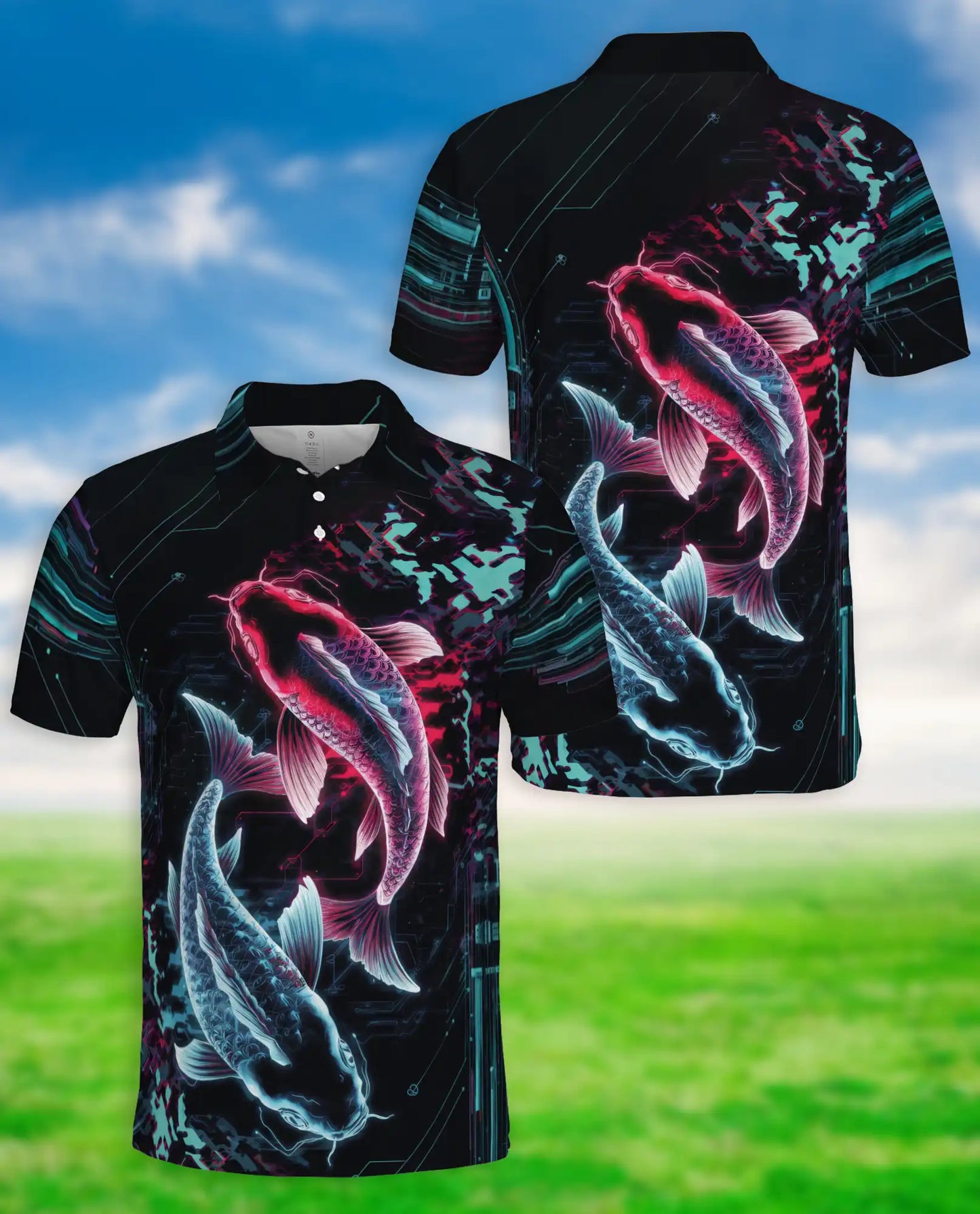 Cyberpunk Koi Fish 3D Polo Shirt – Neon Futuristic Japanese Style | Azhobbyshop