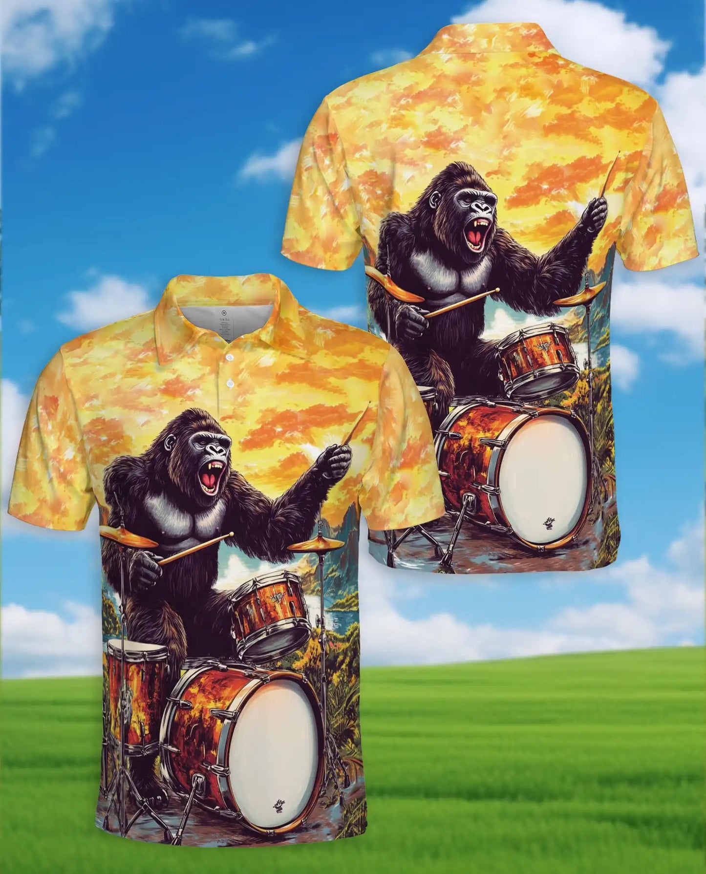 Gorilla Drummer 3D Polo Shirt for Men – Funny Animal Musician Style | Azhobbyshop