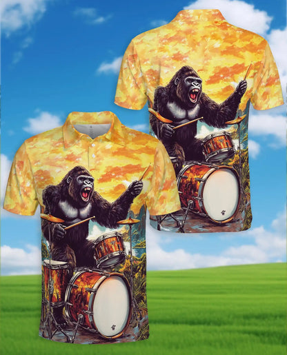 Gorilla Drummer 3D Polo Shirt for Men – Funny Animal Musician Style | Azhobbyshop