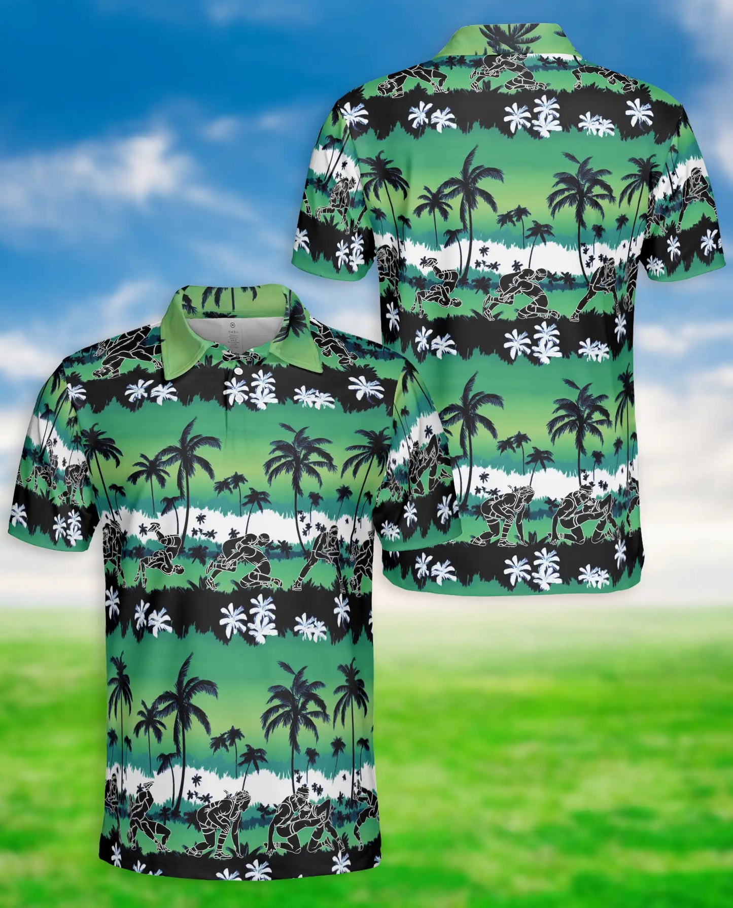 Wrestling Hawaiian 3D Polo Shirt for Men – Green Tropical Beach Style | Azhobbyshop