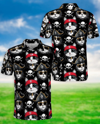 Funny Pirate Cat Skull Black Polo Shirt for Cat Lovers | Azhobbyshop