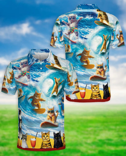 Surfing Cat Polo Shirt- Funny Beach Cat Surf Print Summer Shirt | Azhobbyshop