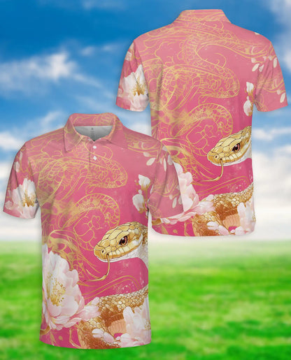 Golden Snake Floral 3D Polo Shirt for Men – Elegant Pink Serpent Art Print | Azhobbyshop