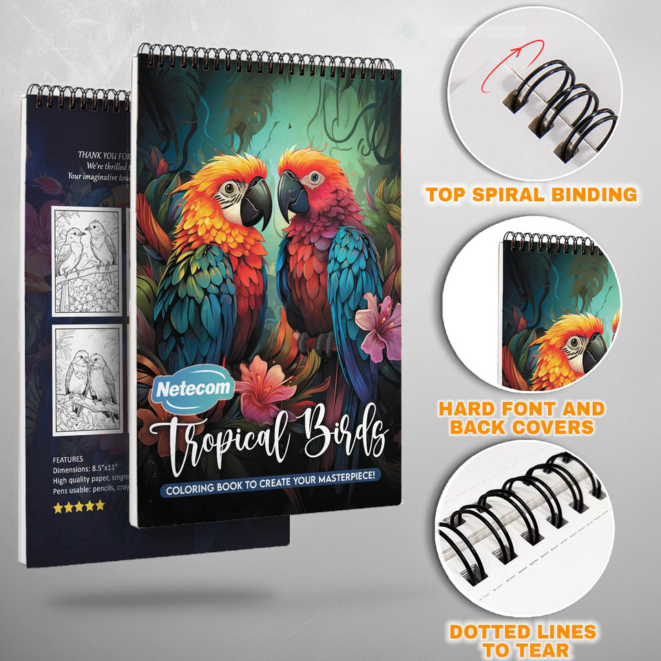 Tropical Birds Spiral Bound Coloring Book, Vibrant Tropical Birds for a Colorful Artistic Adventure, Ideal for Bird Watchers and Nature Fans