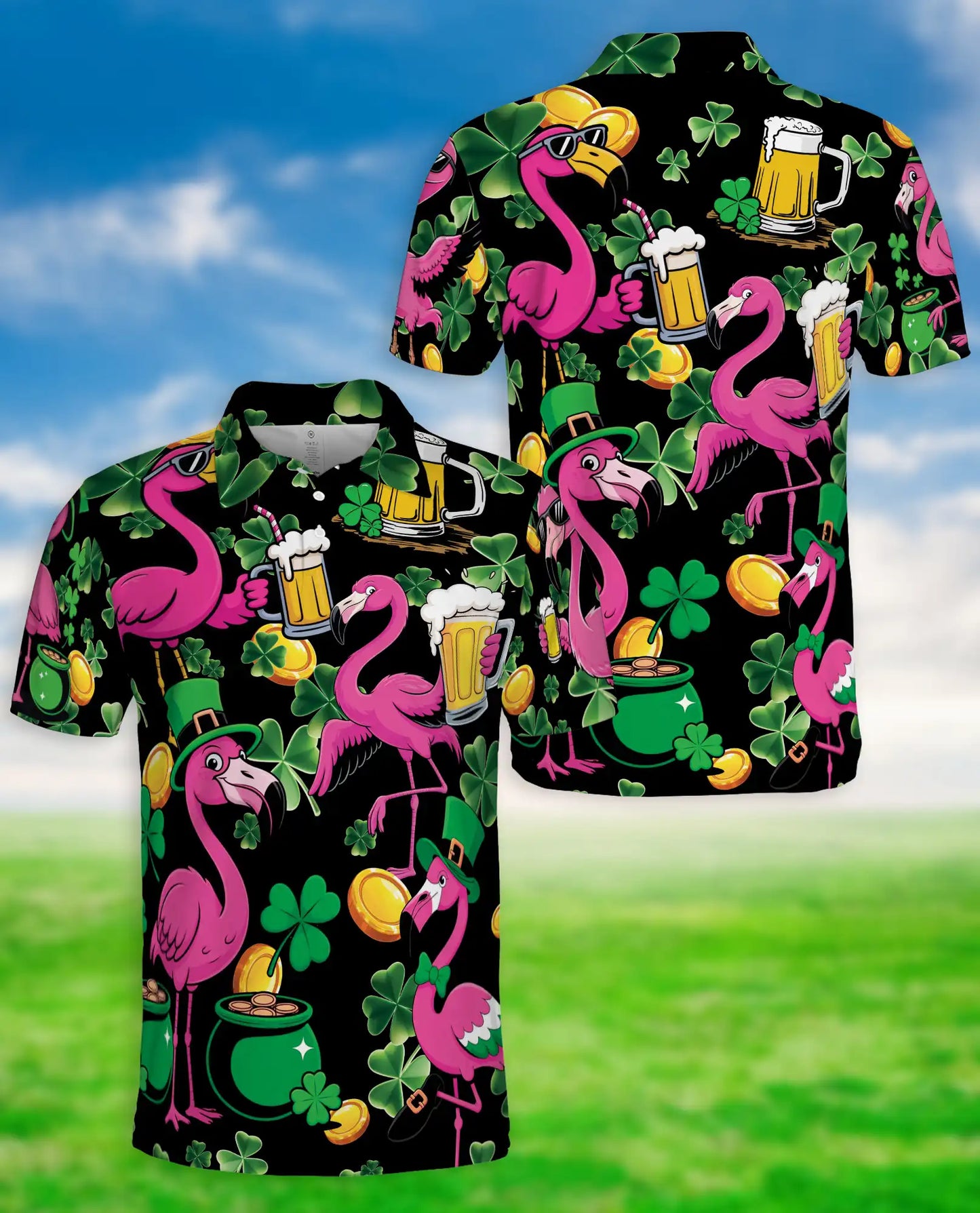 St Patrick Flamingo 3D Polo Shirt for Men – Funny Irish Beer Party Style | Azhobbyshop