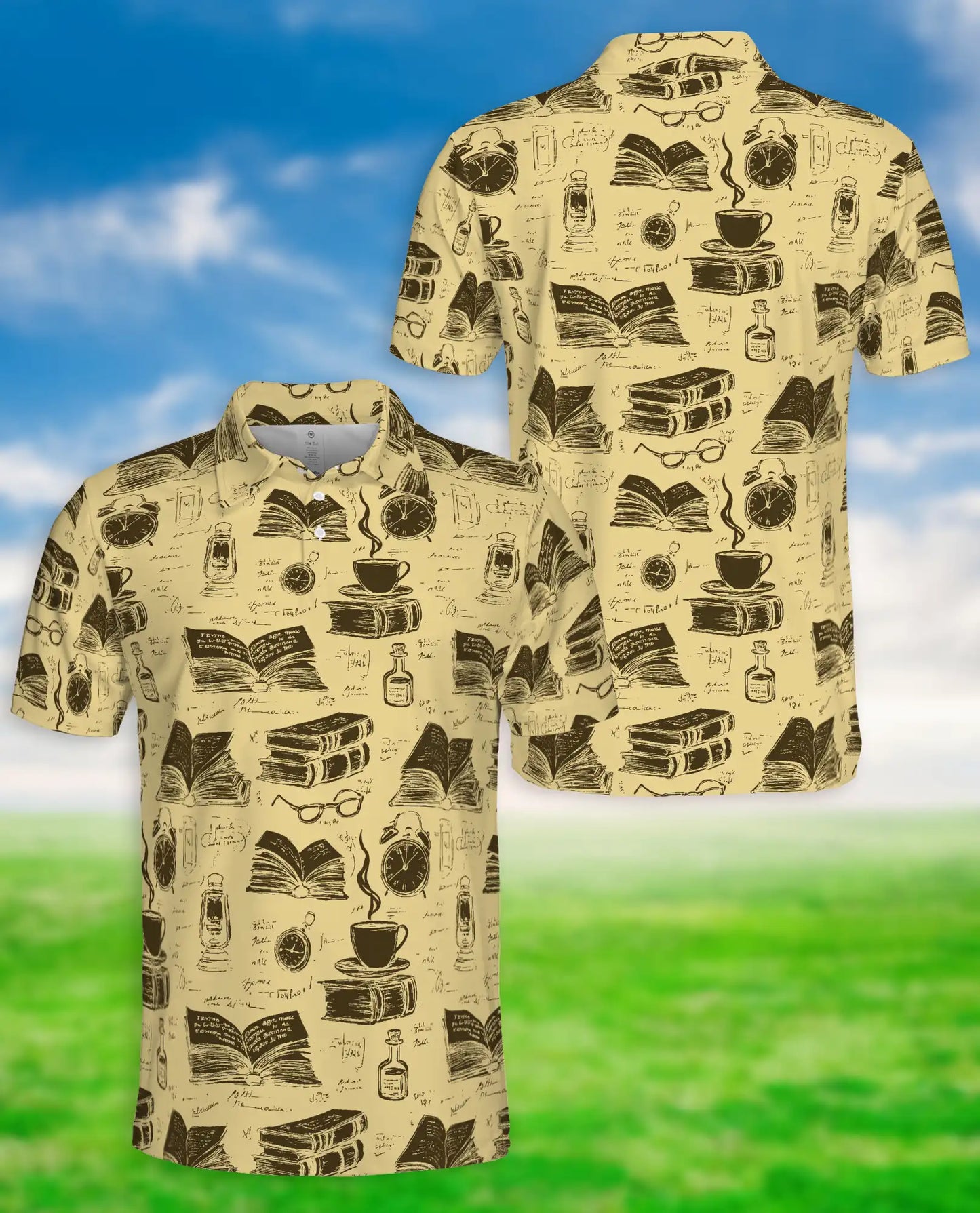 Book Pattern 3D Polo Shirt for Men – Vintage Coffee Reading Style | Azhobbyshop