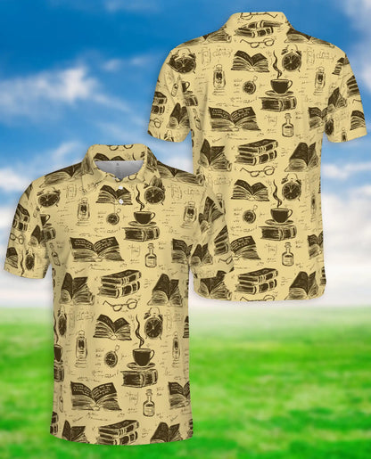 Book Pattern 3D Polo Shirt for Men – Vintage Coffee Reading Style | Azhobbyshop