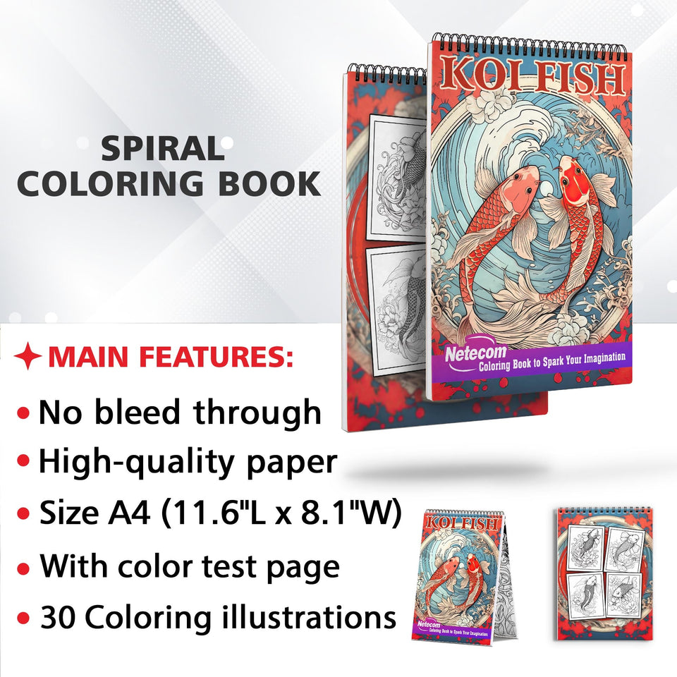 Koi Fish Spiral Bound Coloring Book, Unleash Your Creativity with 30 Coloring Pages, Capturing the Harmony and Serenity of Koi Fish in Peaceful Water Gardens