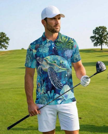 Sea Turtle Ocean Polo Shirt – Underwater Coral Reef Design | Azhobbyshop