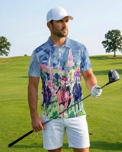 Horse Racing Watercolor 3D Polo Shirt for Men – Jockey Derby Art Style | Azhobbyshop