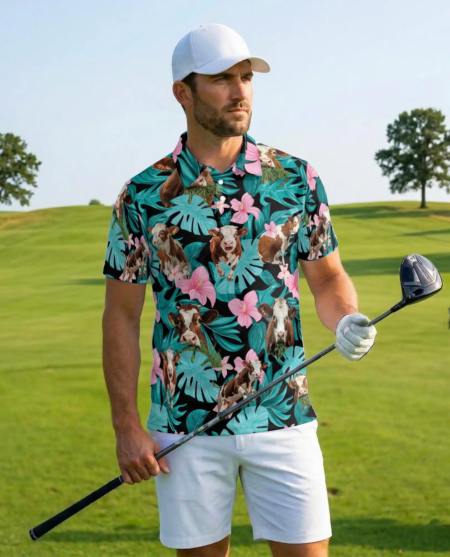 Hereford Cow Tropical Polo Shirt – Funny Farm Hawaiian Floral Shirt | Azhobbyshop